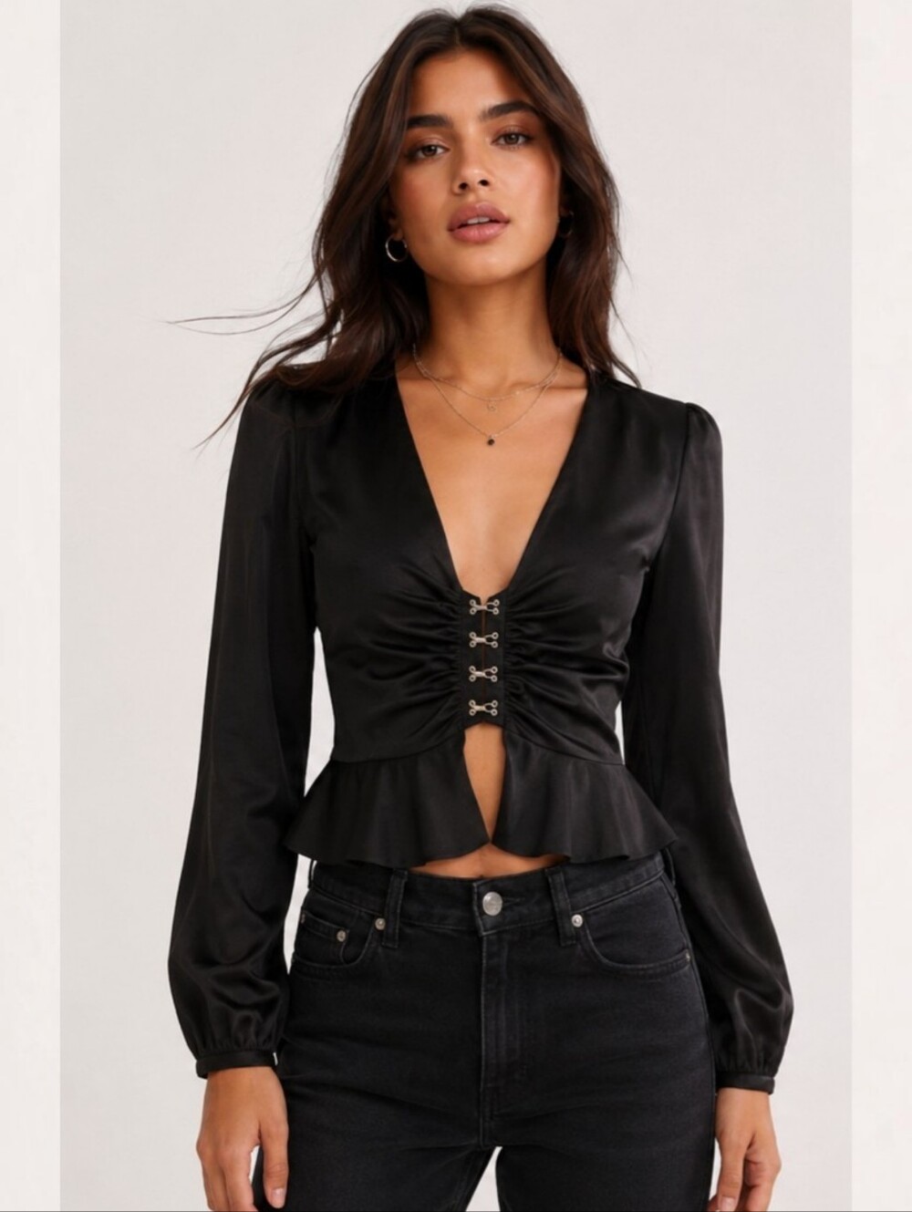 Forever 21 Black Satin Peplum Hook Front Blouse Size Small